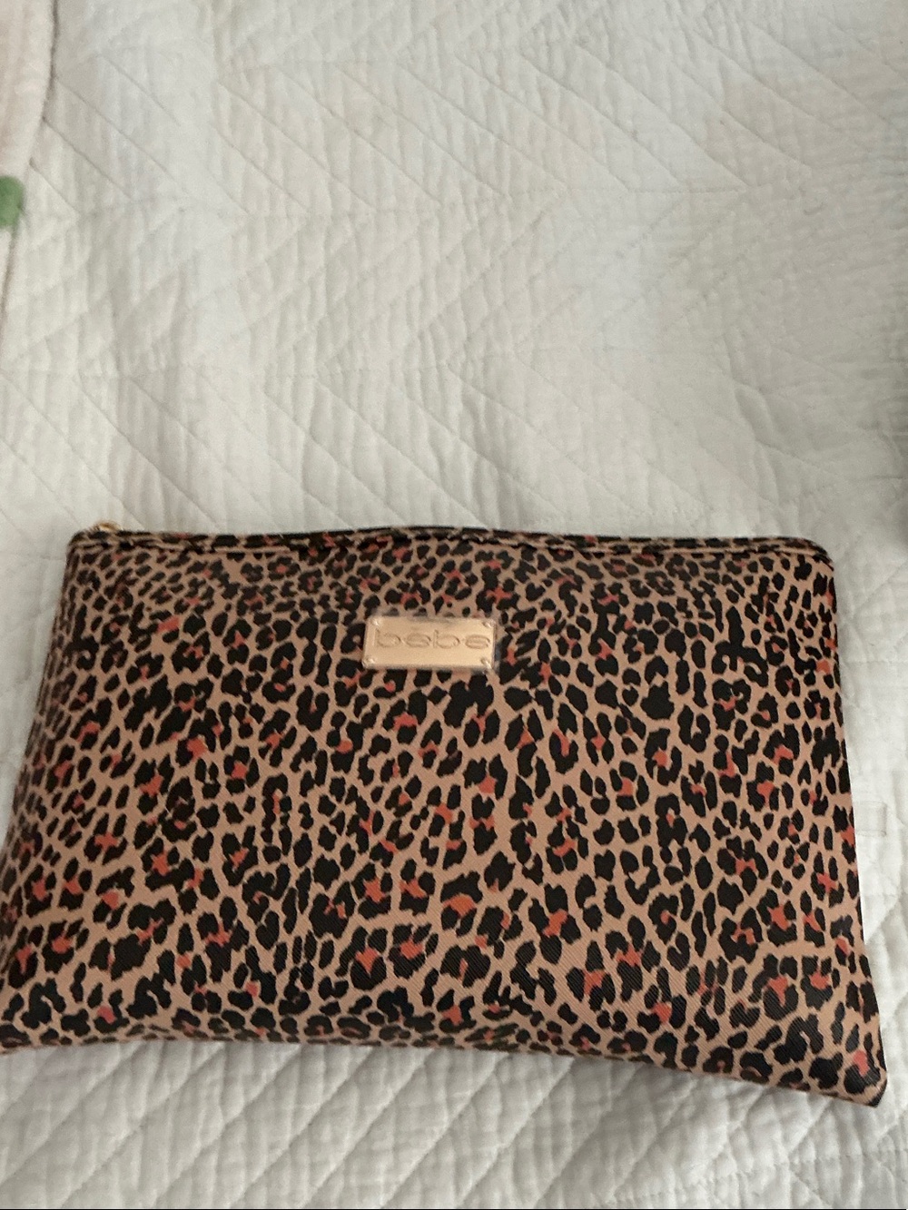 bebe Leopard Print Cosmetic Pouch in Tan, Black and Coral